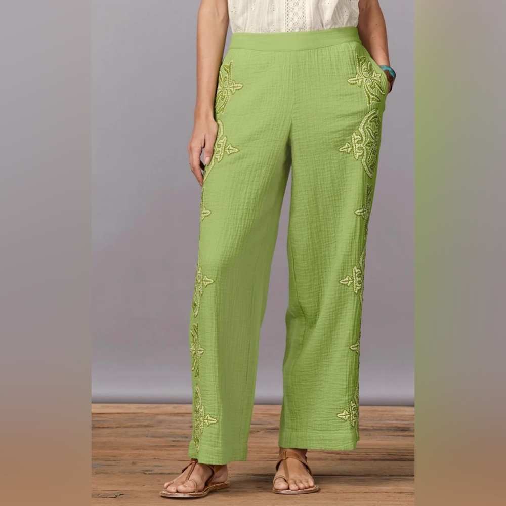 Sundance Pants Women’s XL Green Morgana Wide Leg Embroidered Ankle Kiwi